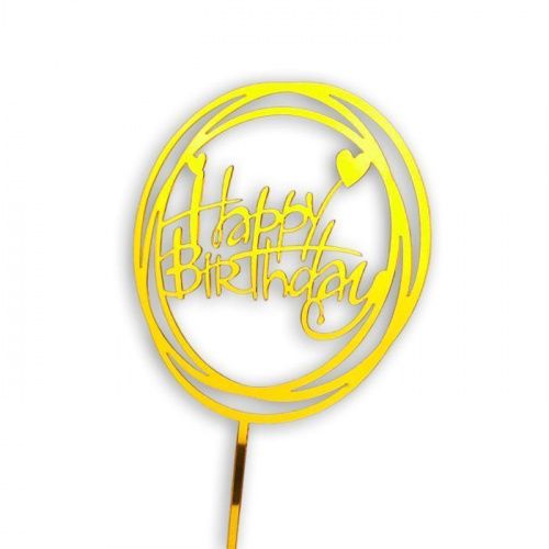 Топпер акрил. "Happy Birthday" круглый золото.